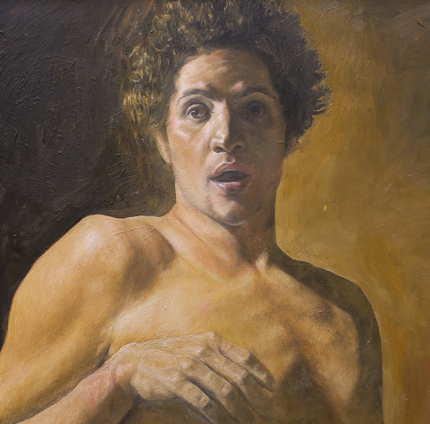 Modern British, oil on board, Portrait of a classical man, unsigned, 59 x 62cm